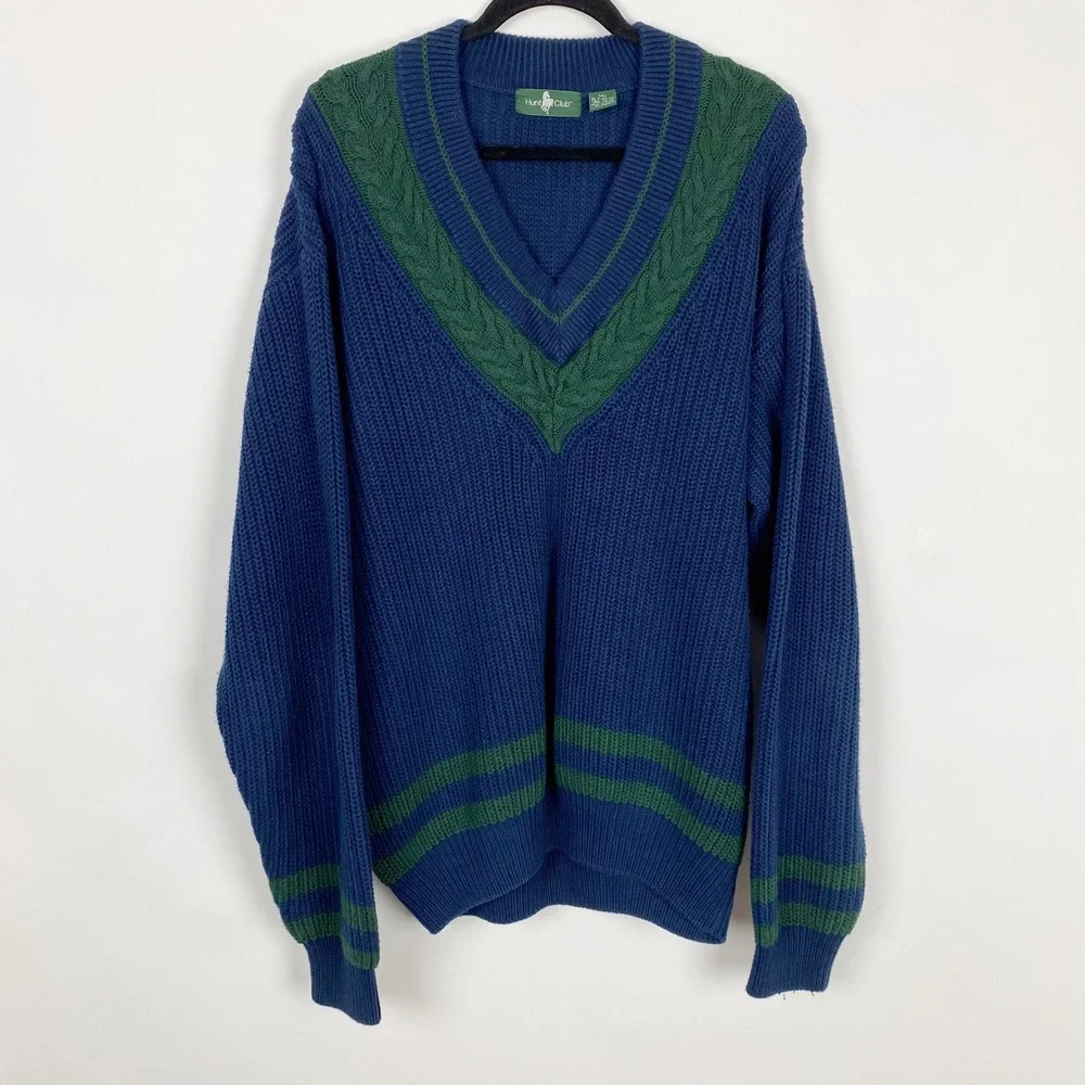Hunt Club Vintage V-Neck Cable Knit Shaker Cricket Sweater Mens XLT Tall Navy